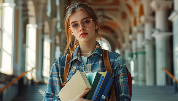 Ritorno a scuola con stile Studentessa di ritorno a scuola.